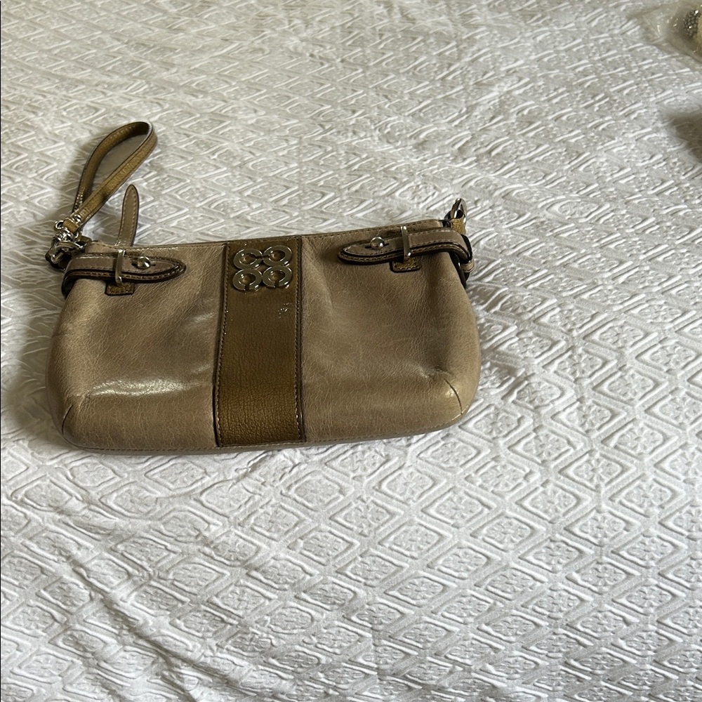 Coach Metallic Taupe Leather Wristlet Clutch with Center Stripe
